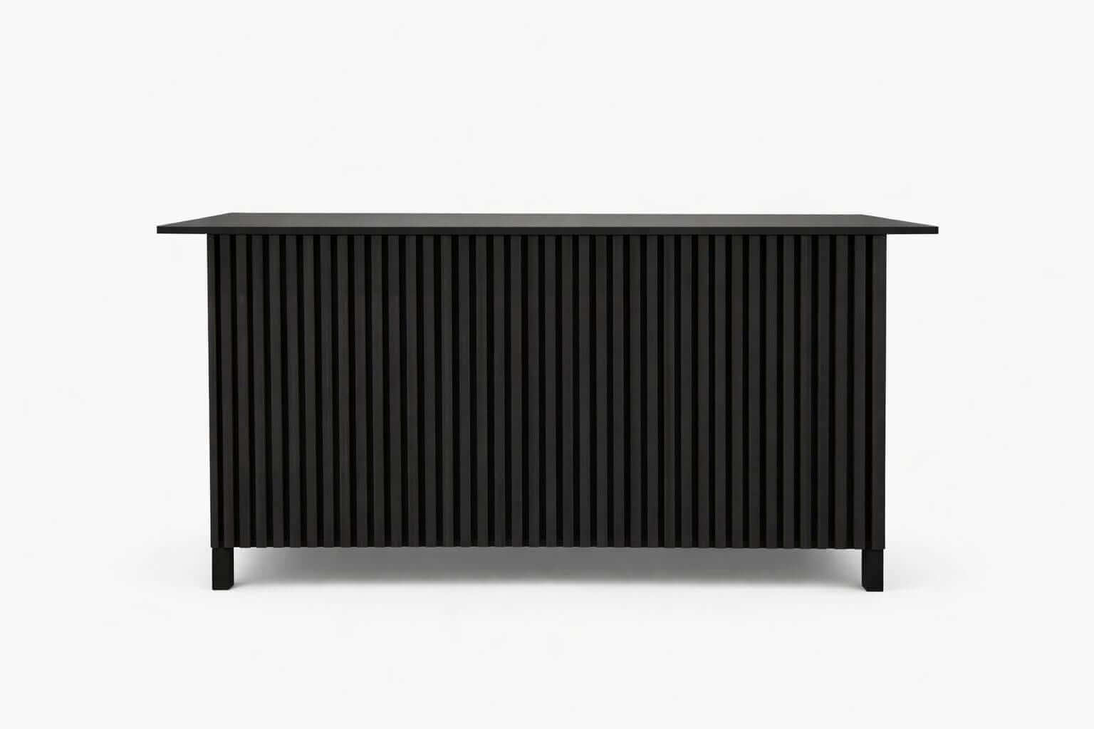 Black slatted panel desk featuring vertical slatted wooden panels and a sleek black finish, ideal for modern interiors.