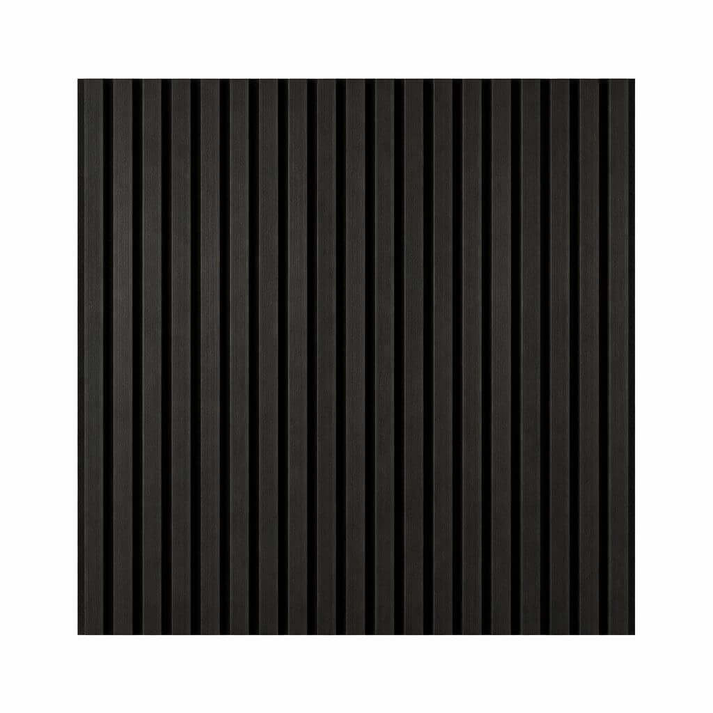 Black slatted panel desk showing vertical slatted design in sleek black finish for modern furniture.