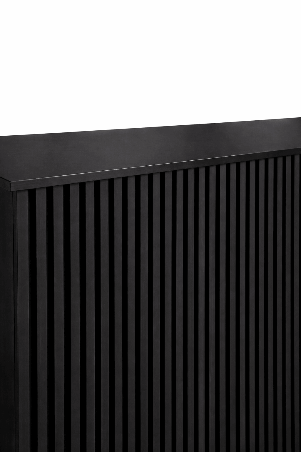 Black slatted desk table showcasing vertical slatted wooden panels and sleek black finish
